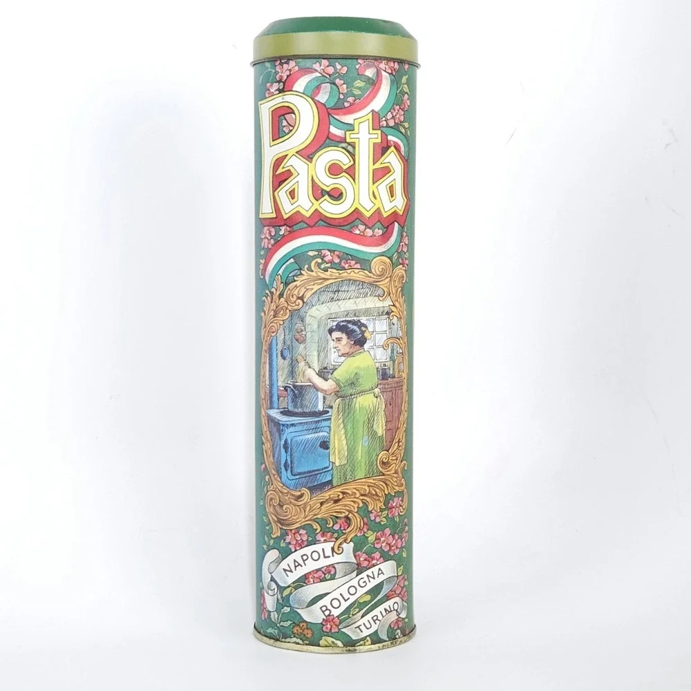 Vtg Pasta Spaghetti Storage Tin Canister Scenic Italy Retro Cottage Decor 11x3
